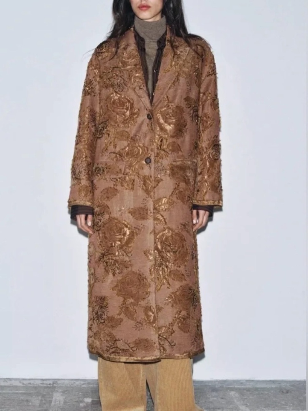 Zara Brown Embroidered Long Coat